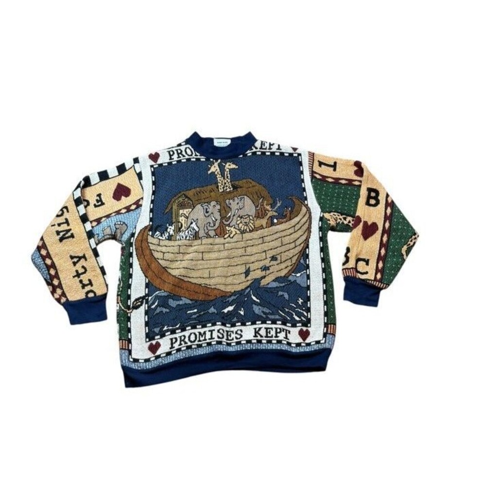 Vintage 90s Sugar Street Weavers All Over Noahs Ark  Sweater Size XL Made in USA
